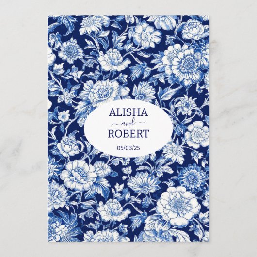 Blauw Porselein Chinoiserie Bloemen Trouwmenu Menu (Achterkant)