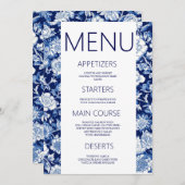 Blauw Porselein Chinoiserie Bloemen Trouwmenu Menu (Voorkant / Achterkant)