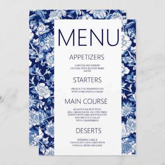 Blauw Porselein Chinoiserie Bloemen Trouwmenu Menu (Voorkant / Achterkant)