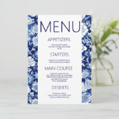 Blauw Porselein Chinoiserie Bloemen Trouwmenu Menu (Staand voorkant)