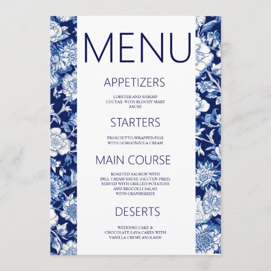 Blauw Porselein Chinoiserie Bloemen Trouwmenu Menu (Voorkant)