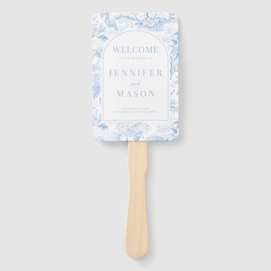 Blauw Porselein Chinoiserie Bloemen Trouwprogramma Handwaaier (Voorkant)