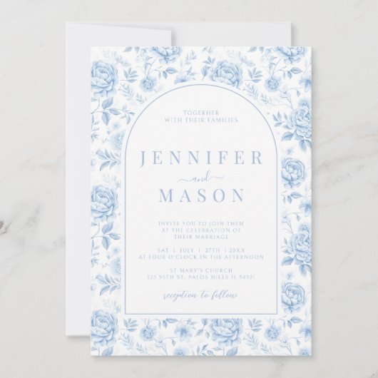 Blauw Porselein Chinoiserie Bloemenbruiloft Kaart (Voorkant)