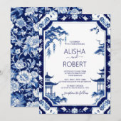 Blauw Porselein Chinoiserie Bloemenbruiloft Kaart (Voorkant / Achterkant)