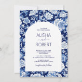 Blauw Porselein Chinoiserie Bloemenbruiloft Kaart (Voorkant)