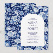 Blauw Porselein Chinoiserie Bloemenbruiloft Kaart (Voorkant / Achterkant)