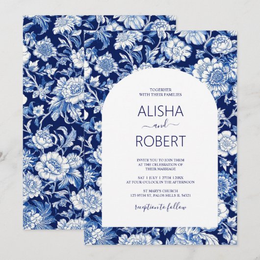 Blauw Porselein Chinoiserie Bloemenbruiloft Kaart (Voorkant / Achterkant)