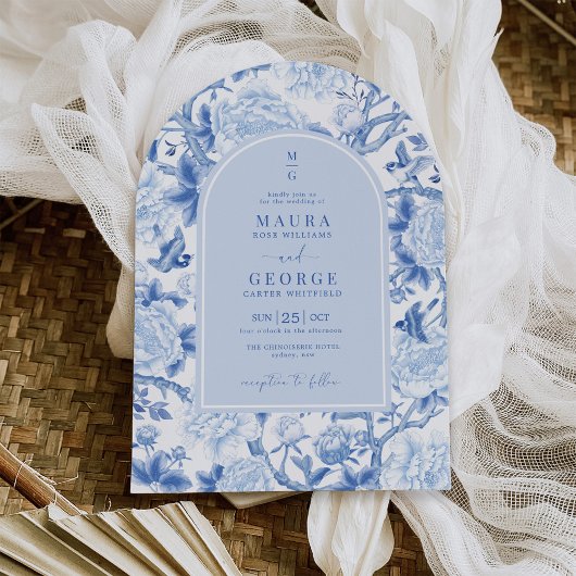 Blauw Porselein Chinoiserie Bloementuin Trouwen Kaart