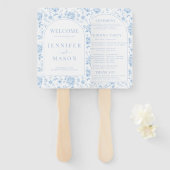 Blauw Porselein Chinoiserie Trouwprogramma Handwaaier (Voorkant en achterkant)