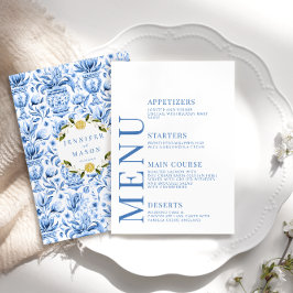Blauw porselein citroen Italiaanse bruiloft menuka Informatiekaartje