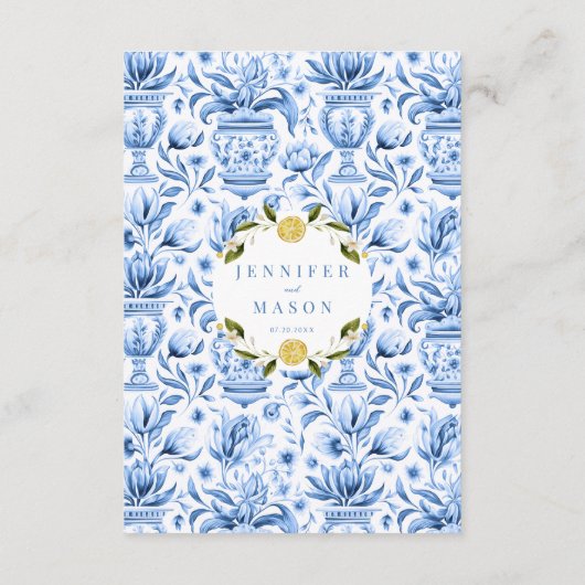 Blauw porselein citroen Italiaanse bruiloft menuka Informatiekaartje (Achterkant)