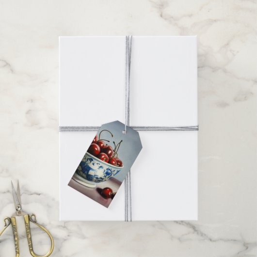 Blauw Porselein & Kersen Cadeaulabel (Met Touw)