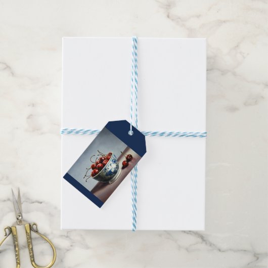 Blauw Porselein & Kersen Cadeaulabel (Met Touw)