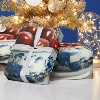 Blauw Porselein & Kersen Cadeaupapier