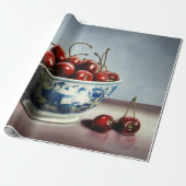 Blauw Porselein & Kersen Cadeaupapier (Uitgerold)