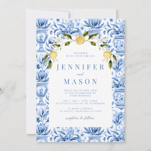 Blauw porselein tegels boho boog bruiloft uitnodig kaart (Voorkant)