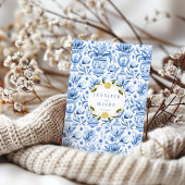 Blauw porselein tegels boho boog bruiloft uitnodig kaart