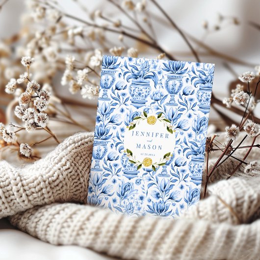 Blauw porselein tegels boho boog bruiloft uitnodig kaart