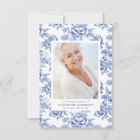 Blauw Porselein Toile Foto Begrafenis Sympathie Bedankkaart (Voorkant)