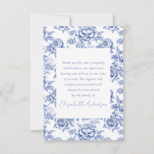 Blauw Porselein Toile Foto Begrafenis Sympathie Bedankkaart (Achterkant)