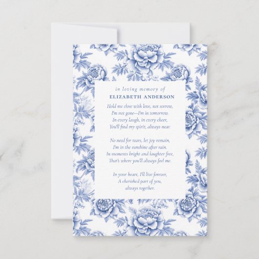 Blauw porselein toilet gedicht begrafenis bedankkaart (Voorkant)