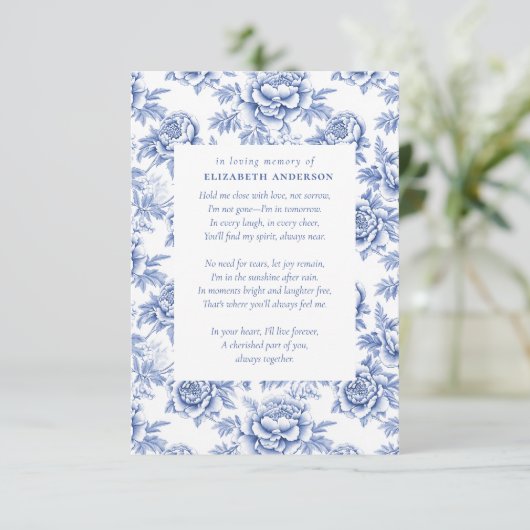 Blauw porselein toilet gedicht begrafenis bedankkaart (Staand voorkant)