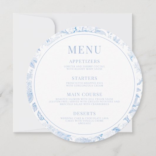 Blauw Porselein Trouwronde Menu Instant Download Kaart (Voorkant)