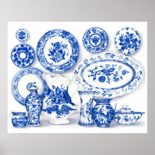 Blauw Porselein Waterverf Kunst Poster