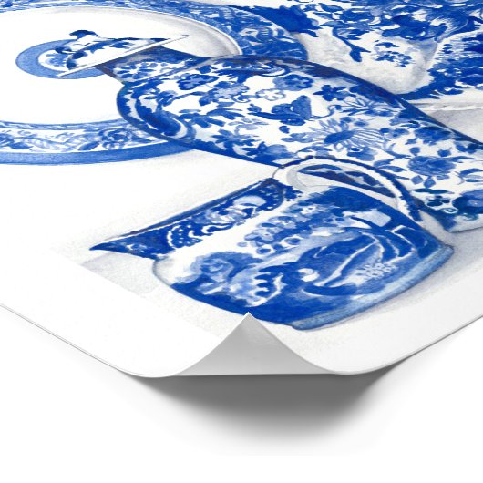 Blauw Porselein Waterverf Kunst Poster (Hoek)