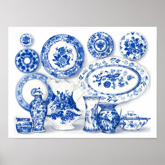 Blauw Porselein Waterverf Kunst Poster (Voorkant)