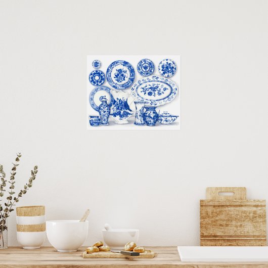 Blauw Porselein Waterverf Kunst Poster (Keuken)