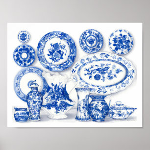 Blauw Porselein Waterverf Kunst Poster