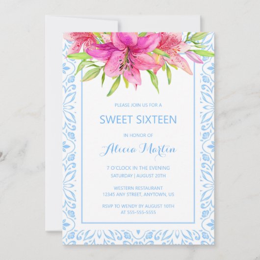 Blauw Portugees Azulejo Tegels Lily 16e Verjaardag Kaart (Voorkant)
