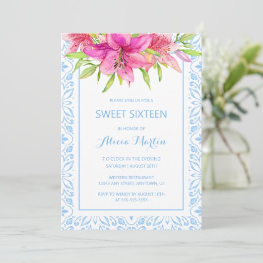 Blauw Portugees Azulejo Tegels Lily 16e Verjaardag Kaart (Staand voorkant)