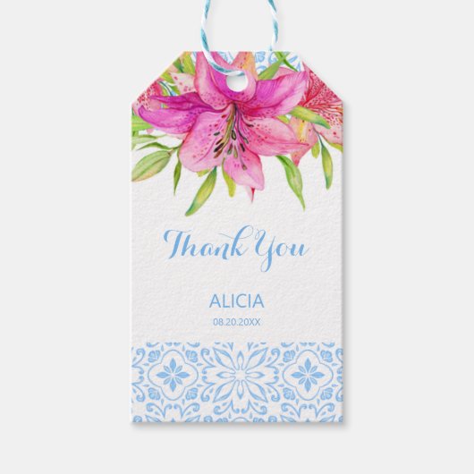 Blauw Portugees Azulejo Tegels Lily Dank u Cadeaulabel (Voorkant)