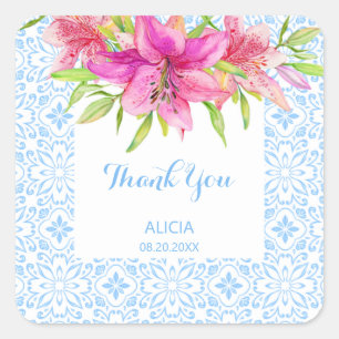 Blauw Portugees Azulejo Tegels Lily Dank u Vierkante Sticker