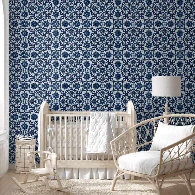 Blauw Portugees Azulejos Floral Tile Pattern Behang (Kinderen)