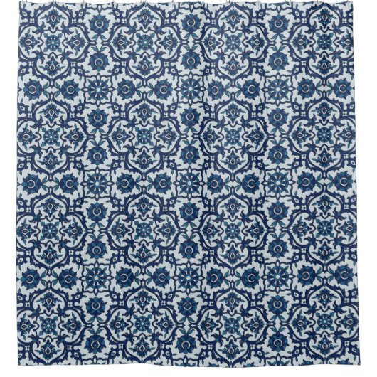 Blauw Portugees Azulejos Floral Tile Pattern Douchegordijn (Voorkant)