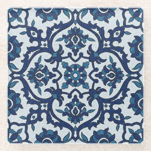Blauw Portugees Azulejos Floral Tile Pattern Glazen Onderzetter (Voorkant)