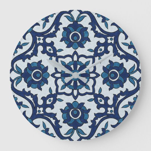 Blauw Portugees Azulejos Floral Tile Pattern Grote Klok (Voorkant)