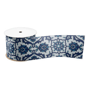 Blauw Portugees Azulejos Floral Tile Pattern Satijnen Lint