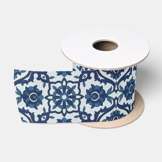 Blauw Portugees Azulejos Floral Tile Pattern Satijnen Lint (Spoel)