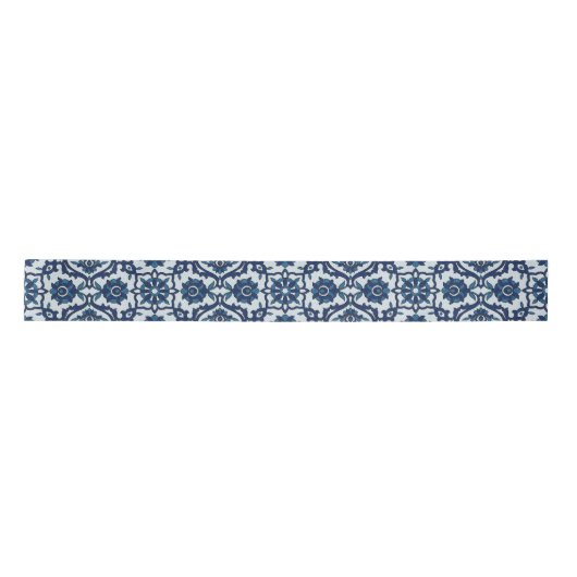 Blauw Portugees Azulejos Floral Tile Pattern Satijnen Lint (Voorkant)
