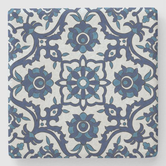 Blauw Portugees Azulejos Floral Tile Pattern Stenen Onderzetter (Voorkant)