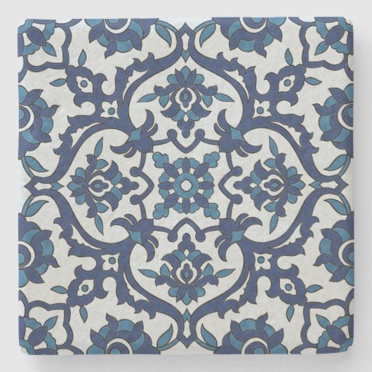 Blauw Portugees Azulejos Floral Tile Pattern Stenen Onderzetter (Voorkant)
