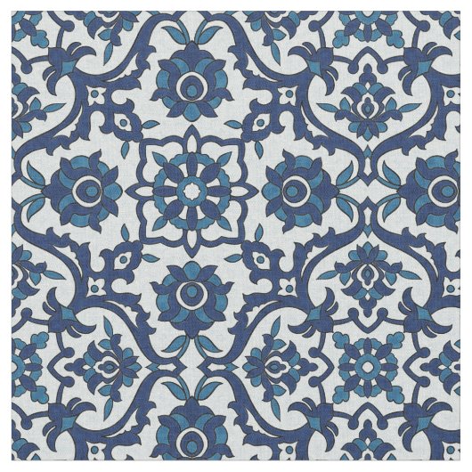 Blauw Portugees Azulejos Floral Tile Pattern Stof (Close Up)