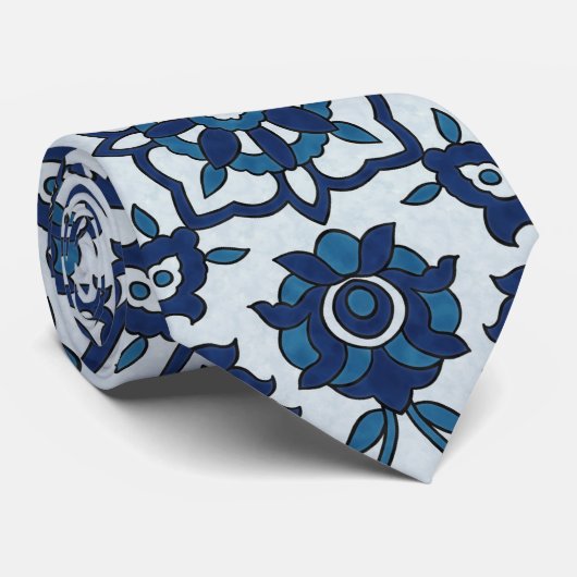 Blauw Portugees Azulejos Floral Tile Pattern Stropdas (Opgerold)
