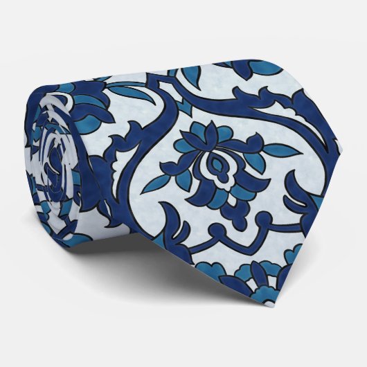 Blauw Portugees Azulejos Floral Tile Pattern Stropdas (Opgerold)