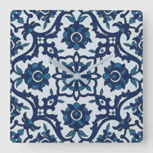 Blauw Portugees Azulejos Floral Tile Pattern Vierkante Klok