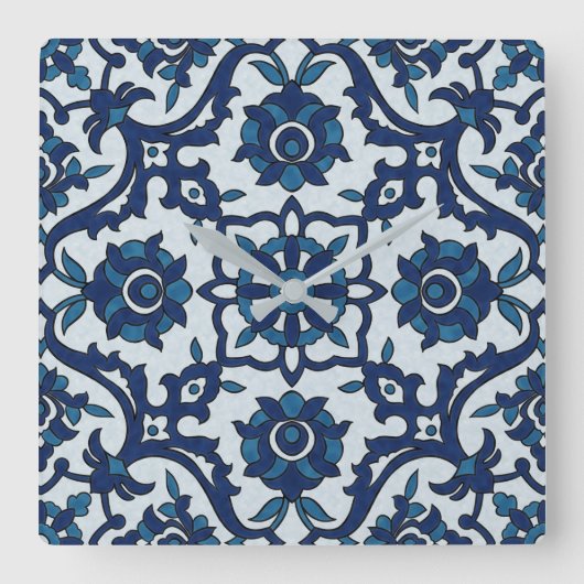 Blauw Portugees Azulejos Floral Tile Pattern Vierkante Klok (Voorkant)